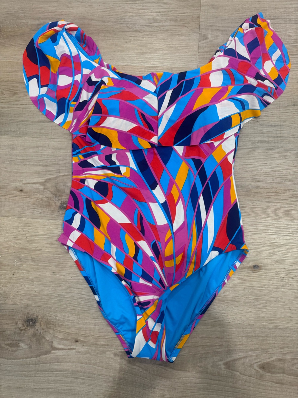 Multicolor One-Piece Swimsuit - Vibrant Pink & Blue Print off he shoulder style